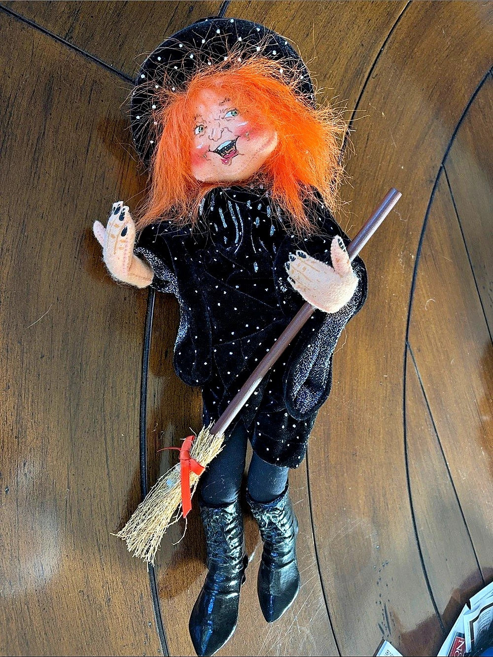 Witch Doll with Broom in Black & Orange